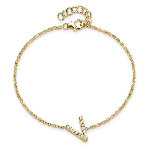 14k Yellow Gold Diamond Sideways Letter V w/ 1in ext. Bracelet